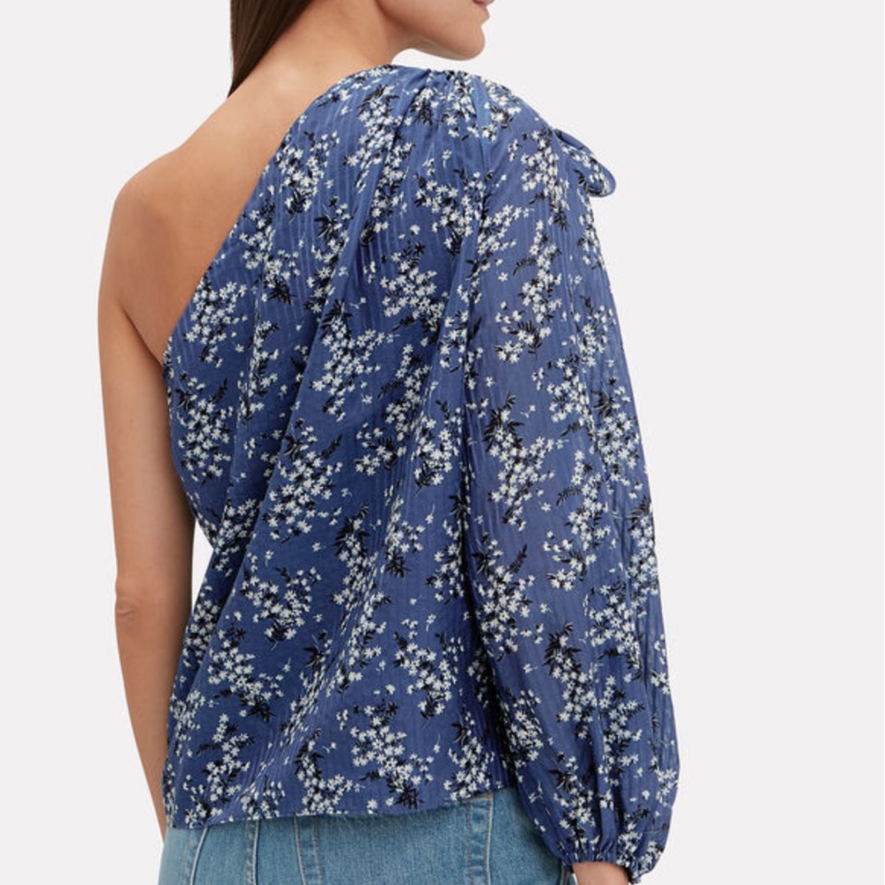 Ulla Johnson Blue Enid One Shoulder Floral Blouse With Bow Tie - Picture 4 of 11